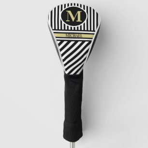 Personalised Monogram Name Black White Stripes  Go Golf Head Cover