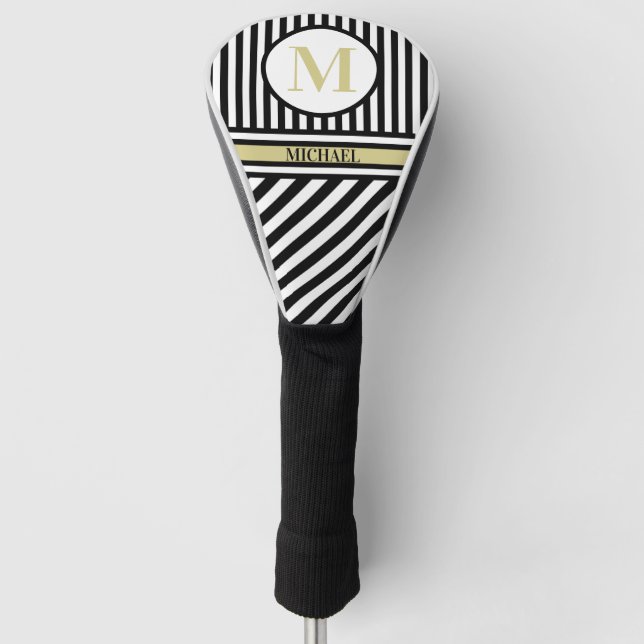 Personalised Monogram Name Black White Stripes  Golf Head Cover (Front)