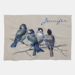 Personalised Monogram Name Blue Grey Birds Vintage Tea Towel