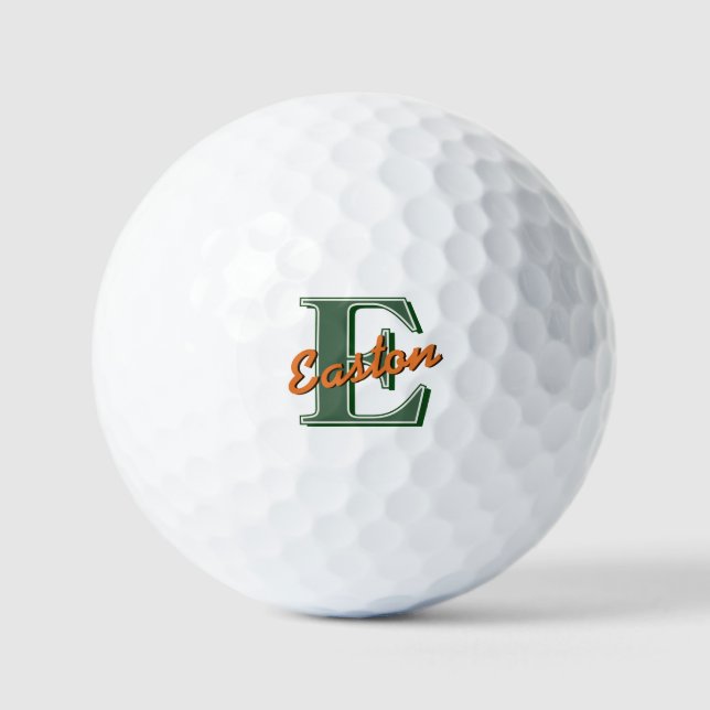 Personalised Monogram Name Dark Green and Orange Golf Balls (Front)