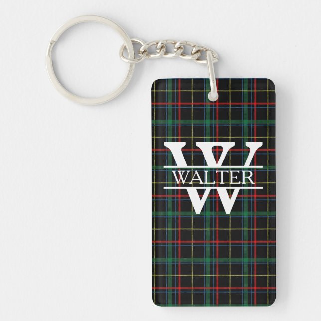 Personalised Monogram & Name Dark Plaid Key Ring (Front)