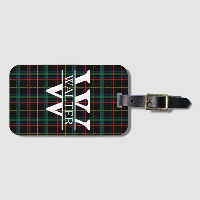 Personalised Monogram & Name Dark Plaid Luggage Tag (Front Horizontal)