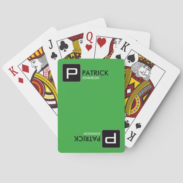 personalised monogram name/initial on green playing cards (Back)