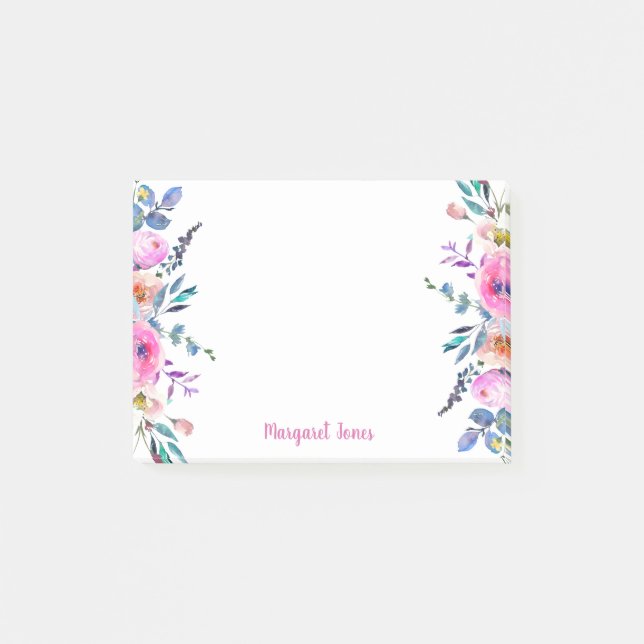Personalised Monogram name Pink blue floral Post-it Notes (Front)