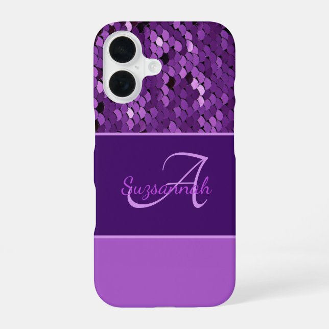 Personalised Monogram Name Purple Sequins Stripes iPhone 16 Case (Back)