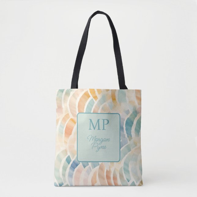 Personalised Monogram Name Watercolor Waves Tote Bag (Front)
