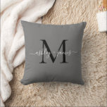 Personalised Monogram Names Wedding Cushion<br><div class="desc">Chic monogrammed keepsake pillow with your names and monogram in white elegant handwritten script calligraphy and black modern typography on a dark grey background. Simply add your names and monogram. Exclusively designed for you by Happy Dolphin Studio. If you need any help or matching products, please contact us via our...</div>