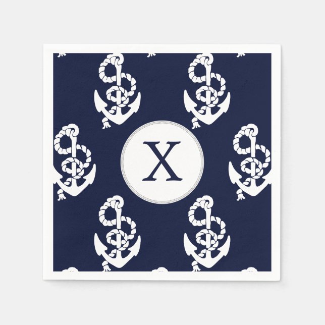 Personalised Monogram Navy Blue Anchor Nautical Napkin (Front)