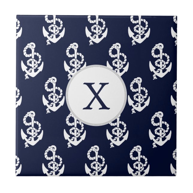 Personalised Monogram Navy Blue Anchor Nautical Tile (Front)