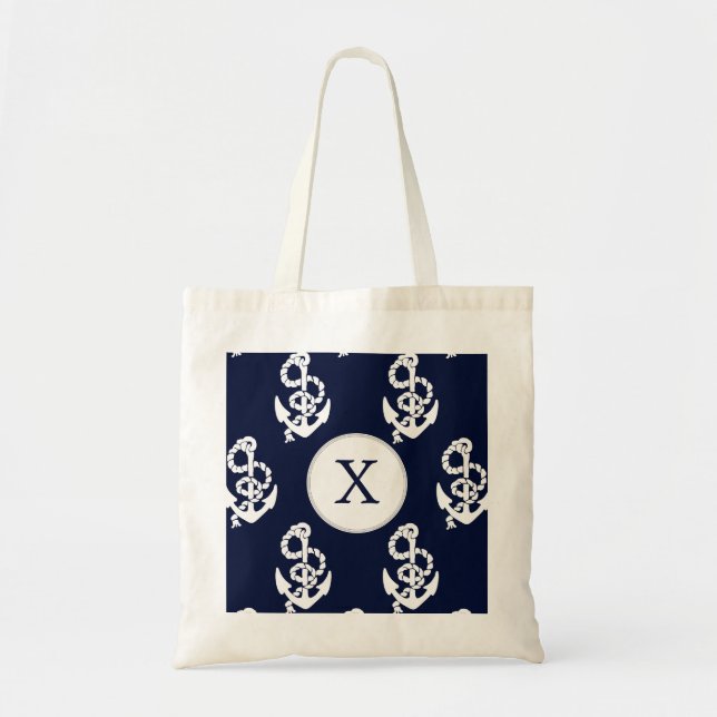 Personalised Monogram Navy Blue Anchor Nautical Tote Bag (Front)