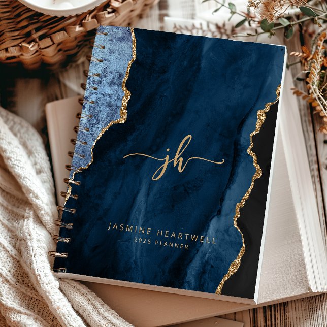 Personalised Monogram Navy Blue Gold Agate 2025 Planner (Creator Uploaded)