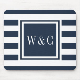 Personalised Monogram Navy Blue White Stripe Mouse Mat