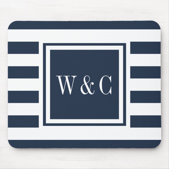 Personalised Monogram Navy Blue White Stripe Mouse Mat (Front)