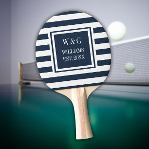 Personalised Monogram Navy Blue White Stripe Ping Pong Paddle
