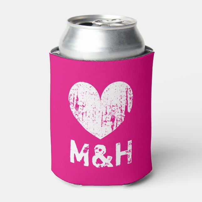 Personalised monogram neon pink wedding can cooler (Can Front)