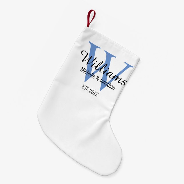 Personalised Monogram Newlywed Blue Small Christmas Stocking (Front (Hanging))
