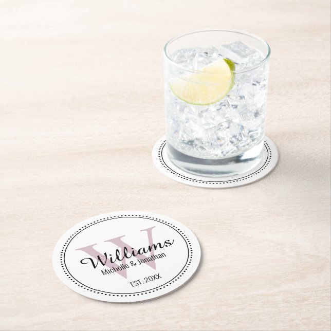 Personalised Monogram Newlywed Blush Pink Round Paper Coaster (Insitu)