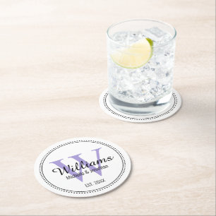 Personalised Monogram Newlywed Lavender Round Paper Coaster