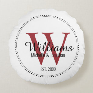 Personalised Monogram Newlywed Red  Round Cushion