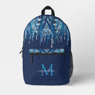 Personalised Monogram Novy Blue Glitter Drips  Printed Backpack
