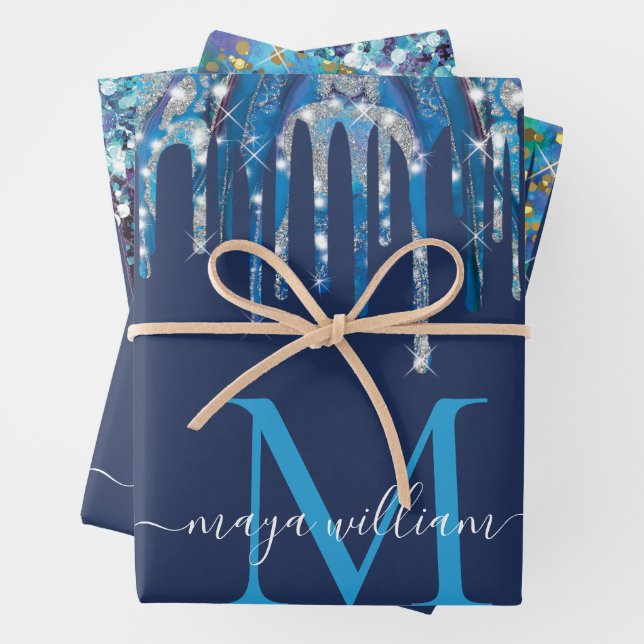 Personalised Monogram Novy Blue Glitter Drips  Wrapping Paper Sheet (In situ)