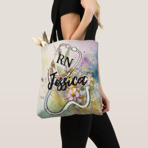 Personalised Monogram Nurse Floral Stethoscope  Tote Bag