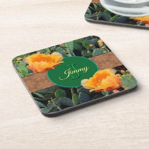 Personalised Monogram Orange Prickly Pear Cactus 2 Coaster