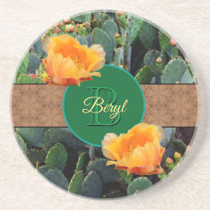 Personalised Monogram Orange Prickly Pear Cactus 2 Coaster