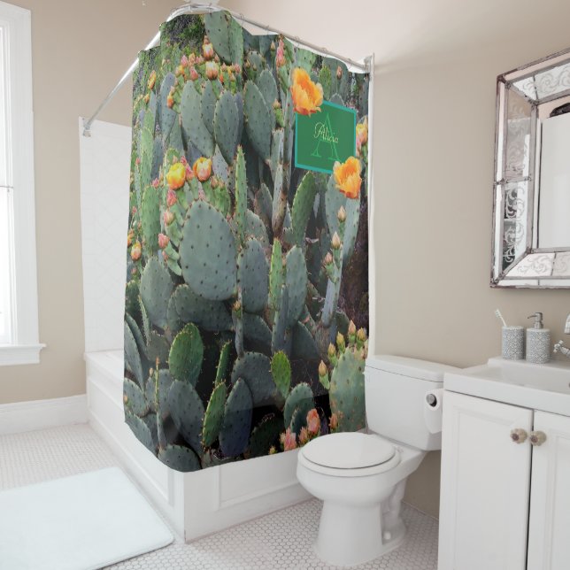 Personalised Monogram Orange Prickly Pear Cactus 2 Shower Curtain (In Situ)