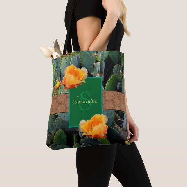 Personalised Monogram Orange Prickly Pear Cactus 2 Tote Bag (Close Up)