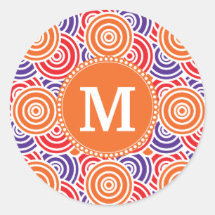 Personalised Monogram Orange Purple Circle Pattern Classic Round Sticker