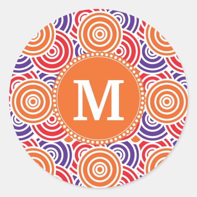 Personalised Monogram Orange Purple Circle Pattern Classic Round Sticker (Front)