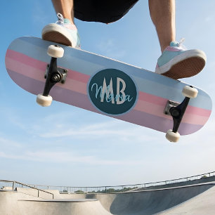 Personalised Monogram Pastel Pink & Blue Stripe Skateboard