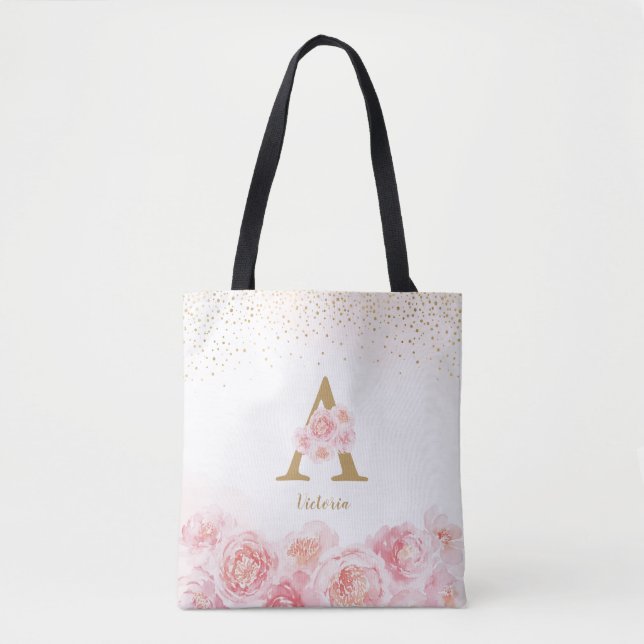 Personalised monogram pink floral bridesmaid tote  (Front)