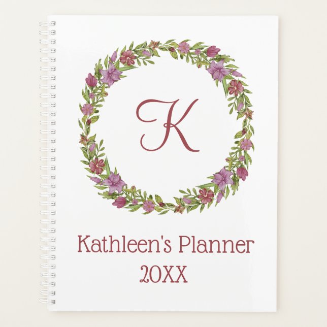 Personalised Monogram Pink & Green Floral Wreath  Planner (Front)