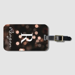 Personalised Monogram Pink Rose Brown bokeh lights Luggage Tag