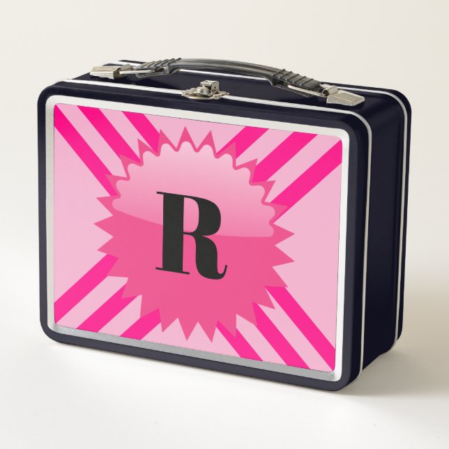 Personalised Monogram Pink Stripe Metal Lunch Box (Front)