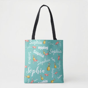 Personalised Monogram Pink Teal Flamingo Pineapple Tote Bag