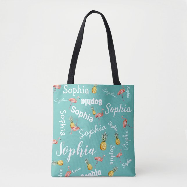 Personalised Monogram Pink Teal Flamingo Pineapple Tote Bag (Front)