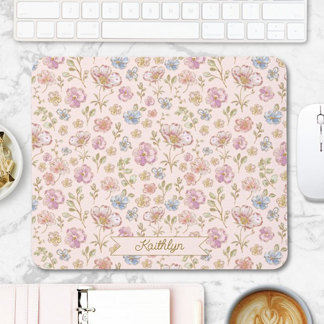 Personalised Monogram Pretty Vintage Floral Mouse Mat (In situ)