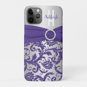 Personalised Monogram Purple and Silver Damask iPhone 11 Pro Case