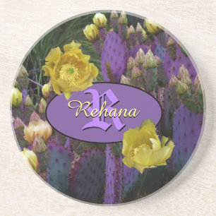 Personalised Monogram Purple Cactus Yellow Flowers Coaster