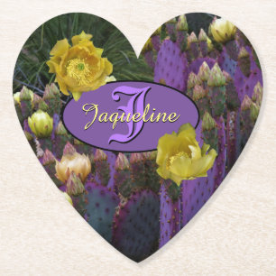 Personalised Monogram Purple Cactus Yellow Flowers Paper Coaster