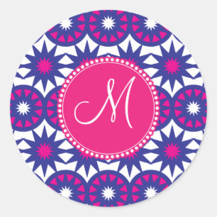 Personalised Monogram Purple Pink Stars Circles Classic Round Sticker