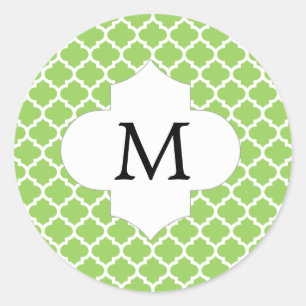 Personalised Monogram Quatrefoil green and White Classic Round Sticker