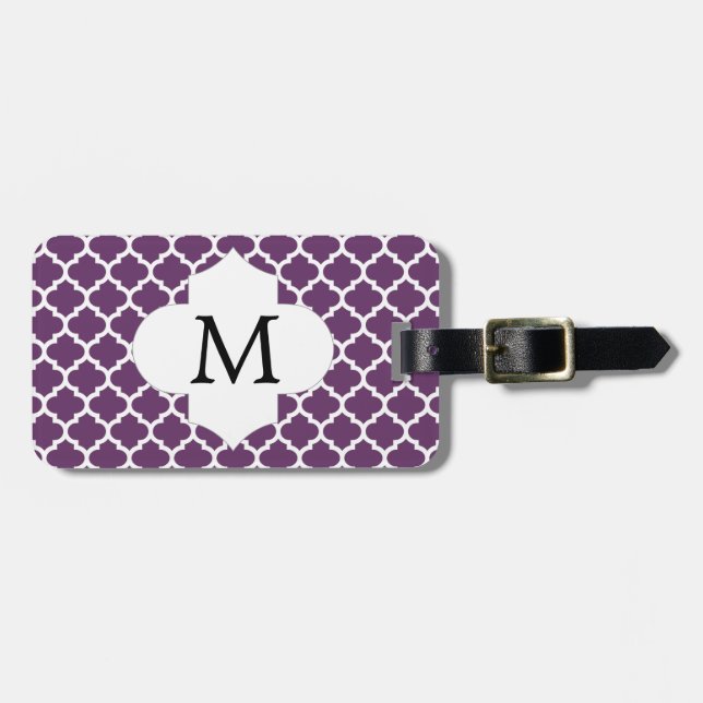 Personalised Monogram Quatrefoil Purple and White Luggage Tag (Front Horizontal)