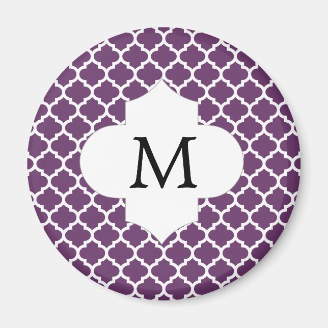 Personalised Monogram Quatrefoil Purple and White Magnet (Front)