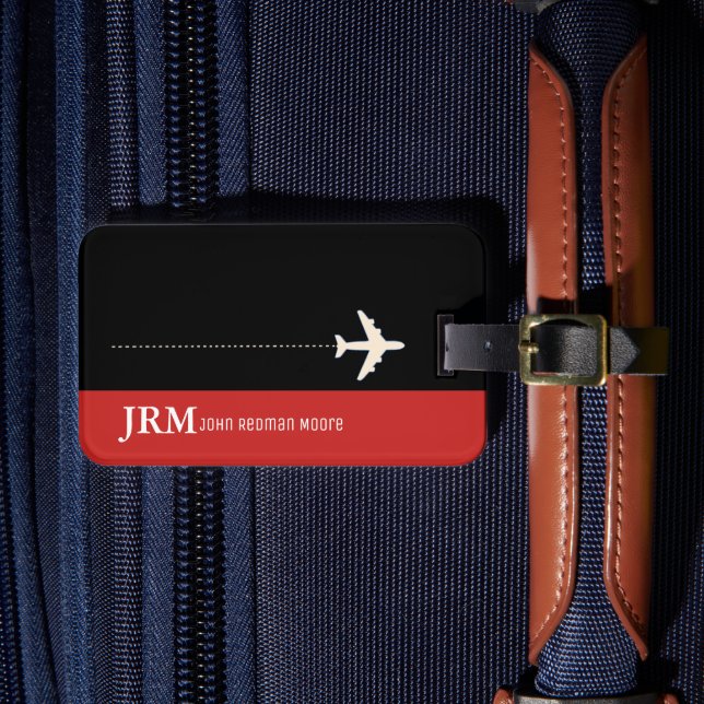 Personalised monogram red / aeroplane travel luggage tag (Front Insitu 4)