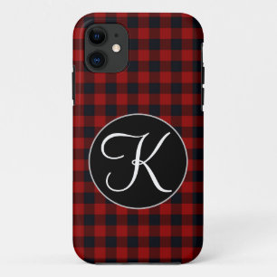 Personalised Monogram Red and Black Buffalo Plaid iPhone 11 Case