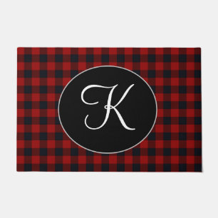 Personalised Monogram Red and Black Buffalo Plaid Doormat